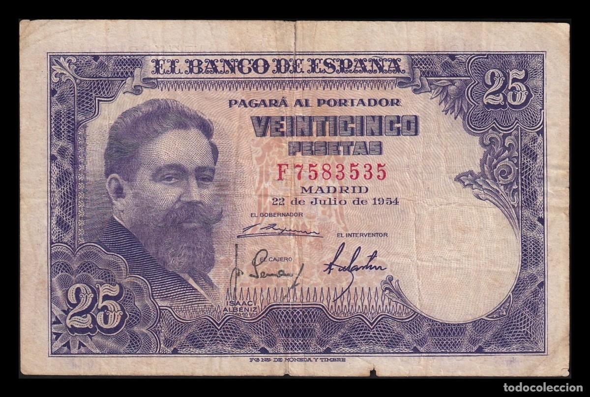 Billetes espa&ntilde;oles: Espa&ntilde;a 25 Pesetas Isaac Albeniz 1954 Pick 147 Serie F Mbc Vf