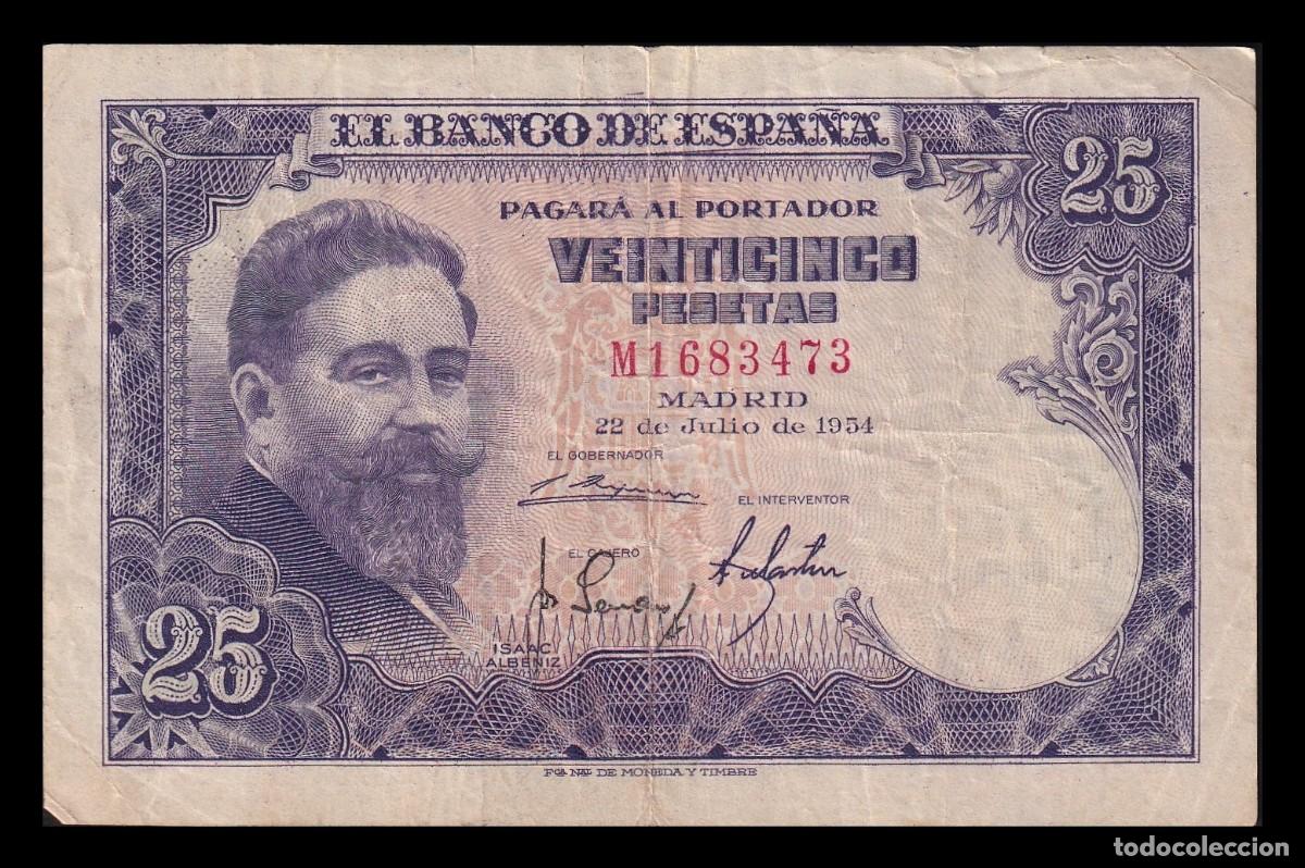 Billetes espa&ntilde;oles: Espa&ntilde;a 25 Pesetas Isaac Albeniz 1954 Pick 147 Serie M Mbc Vf