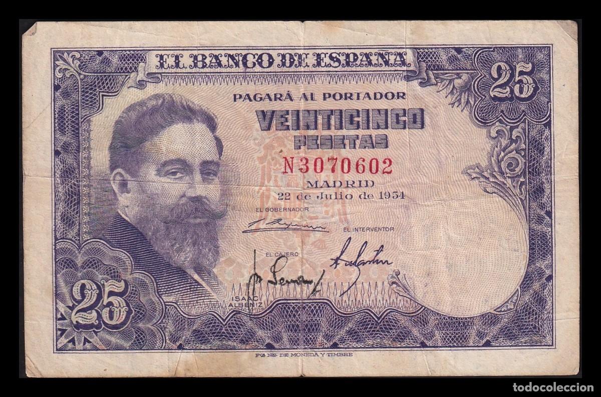 Billetes espa&ntilde;oles: Espa&ntilde;a 25 Pesetas Isaac Albeniz 1954 Pick 147 Serie N Mbc Vf