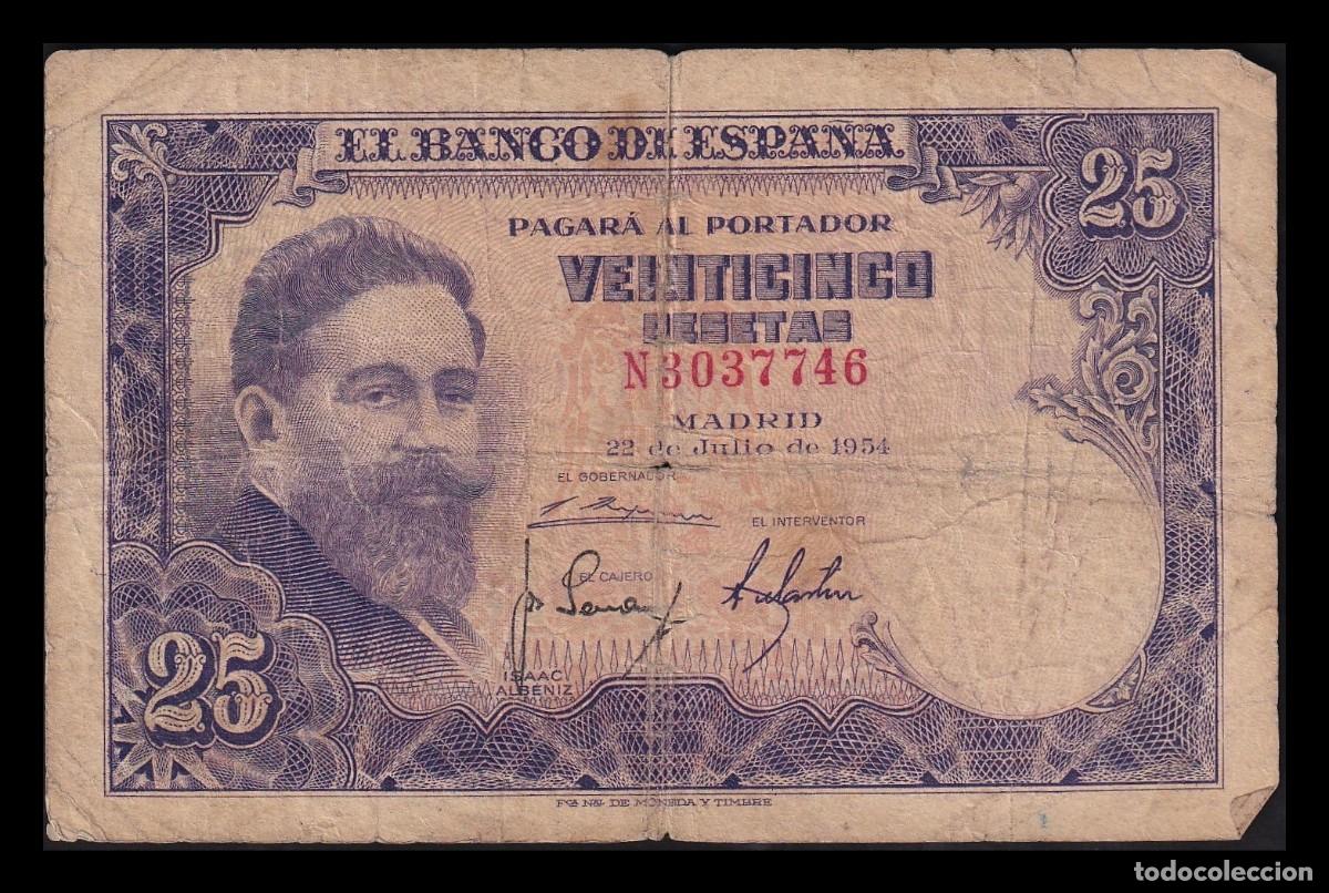 Billetes espa&ntilde;oles: Espa&ntilde;a 25 Pesetas Isaac Albeniz 1954 Pick 147 Serie N Mbc Vf