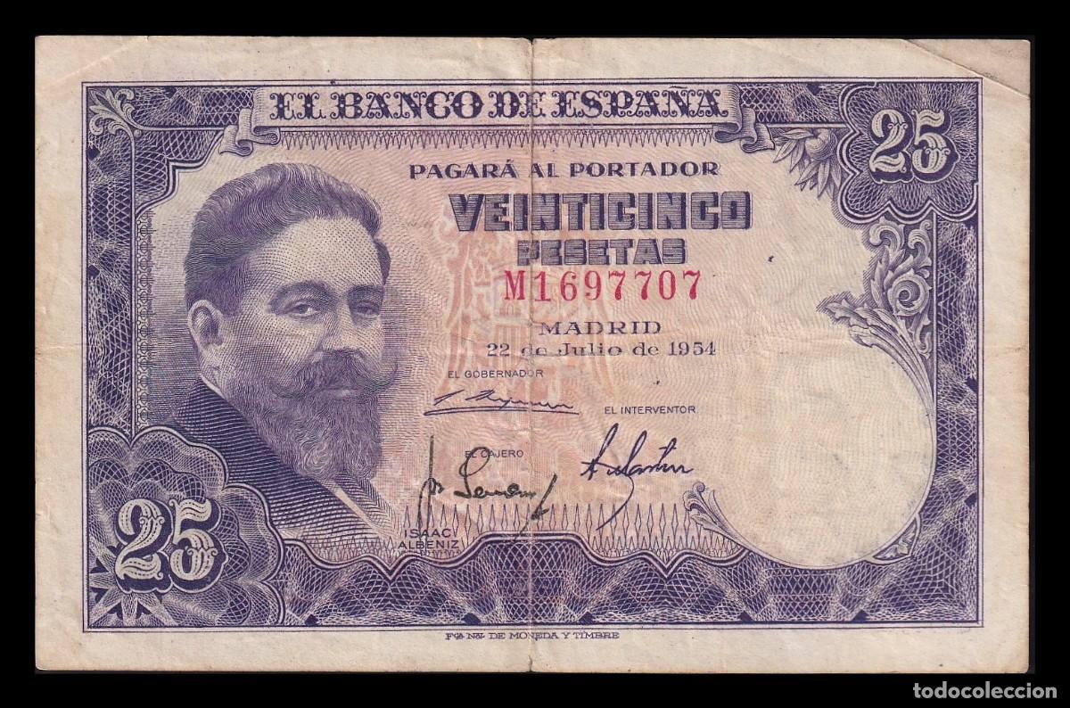 Billetes espa&ntilde;oles: Espa&ntilde;a 25 Pesetas Isaac Albeniz 1954 Pick 147 Serie M Mbc Vf