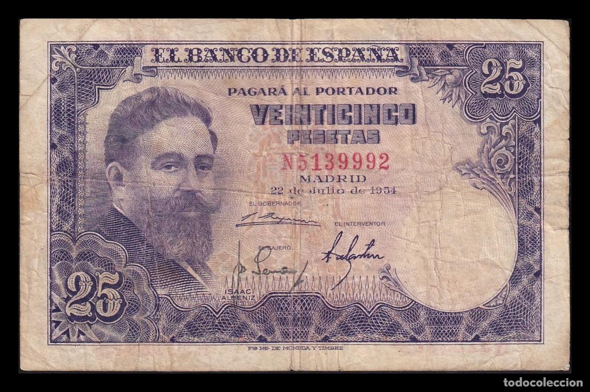 Billetes espa&ntilde;oles: Espa&ntilde;a 25 Pesetas Isaac Albeniz 1954 Pick 147 Serie N Mbc Vf