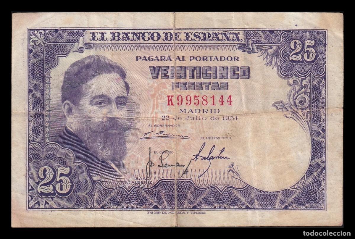 Billetes espa&ntilde;oles: Espa&ntilde;a 25 Pesetas Isaac Albeniz 1954 Pick 147 Serie K Mbc Vf