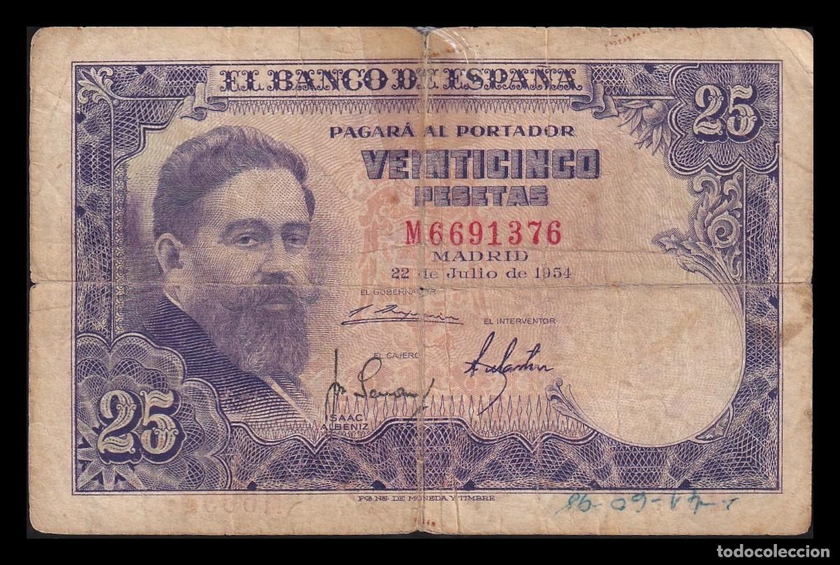Billetes espa&ntilde;oles: Espa&ntilde;a 25 Pesetas Isaac Albeniz 1954 Pick 147 Serie M Mbc Vf