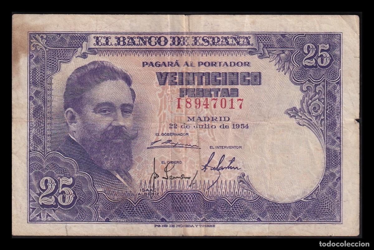 Billetes espa&ntilde;oles: Espa&ntilde;a 25 Pesetas Isaac Albeniz 1954 Pick 147 Serie I Mbc Vf