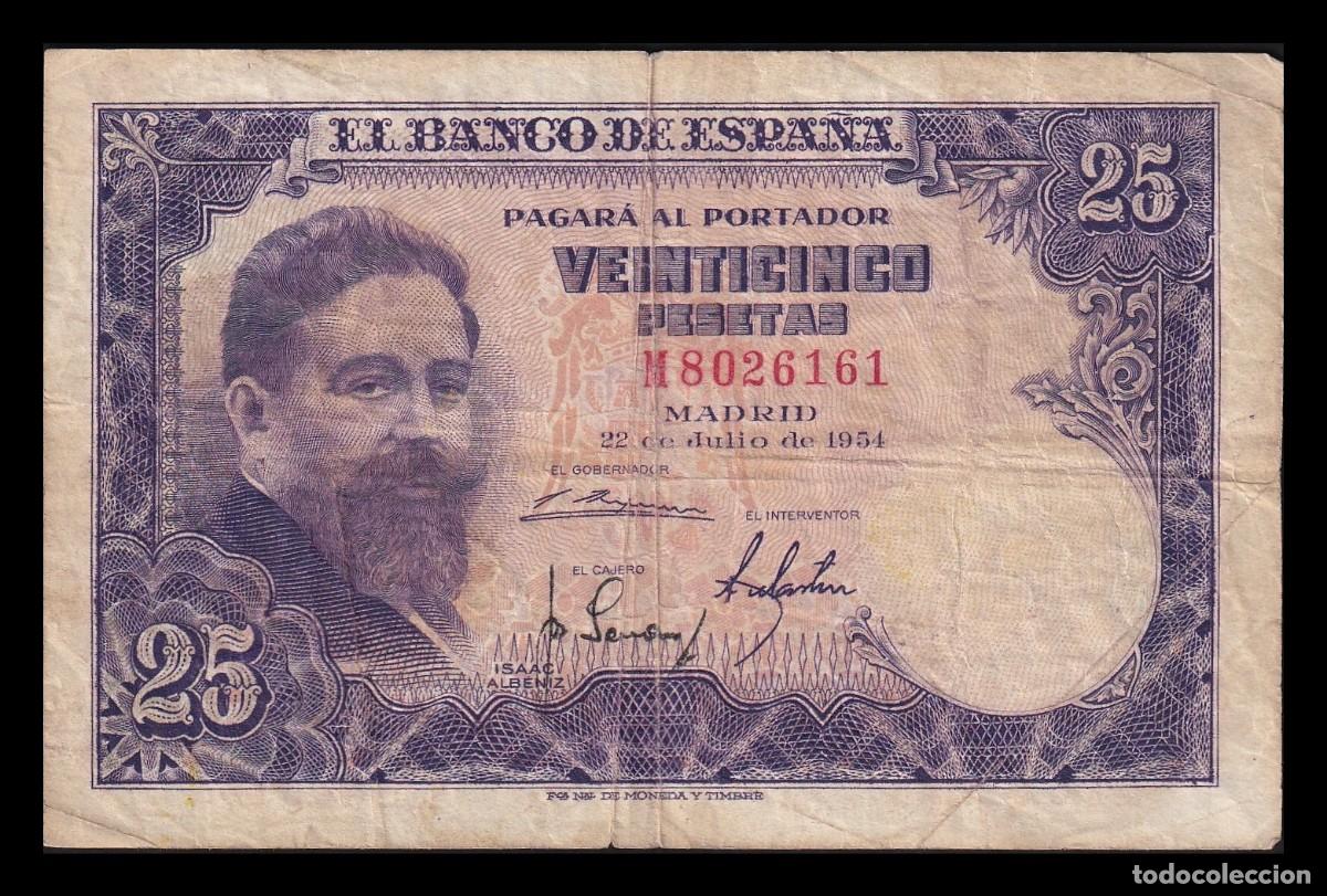 Billetes espa&ntilde;oles: Espa&ntilde;a 25 Pesetas Isaac Albeniz 1954 Pick 147 Serie M Mbc Vf