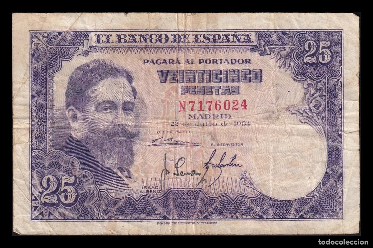 Billetes espa&ntilde;oles: Espa&ntilde;a 25 Pesetas Isaac Albeniz 1954 Pick 147 Serie N Mbc Vf