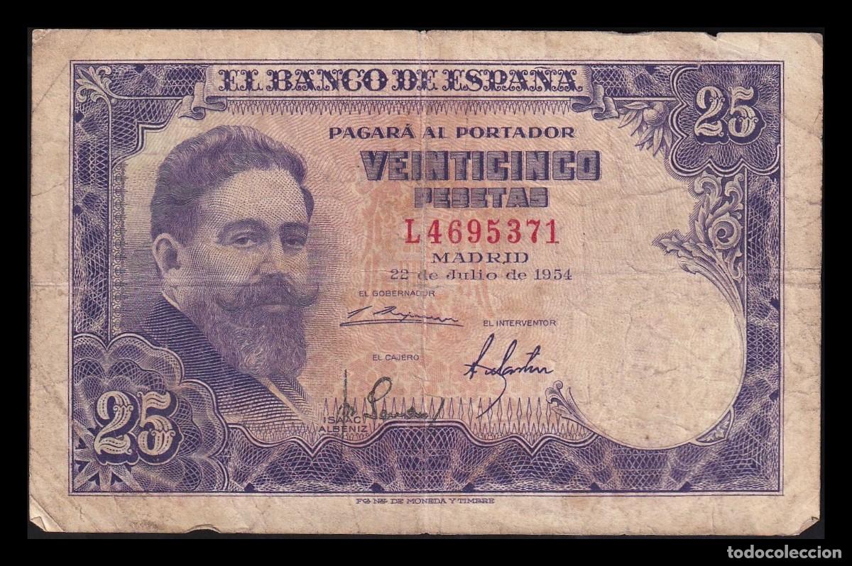 Billetes espa&ntilde;oles: Espa&ntilde;a 25 Pesetas Isaac Albeniz 1954 Pick 147 Serie L Mbc Vf