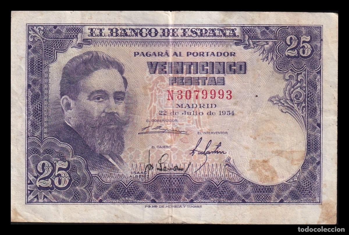 Billetes espa&ntilde;oles: Espa&ntilde;a 25 Pesetas Isaac Albeniz 1954 Pick 147 Serie N Mbc Vf