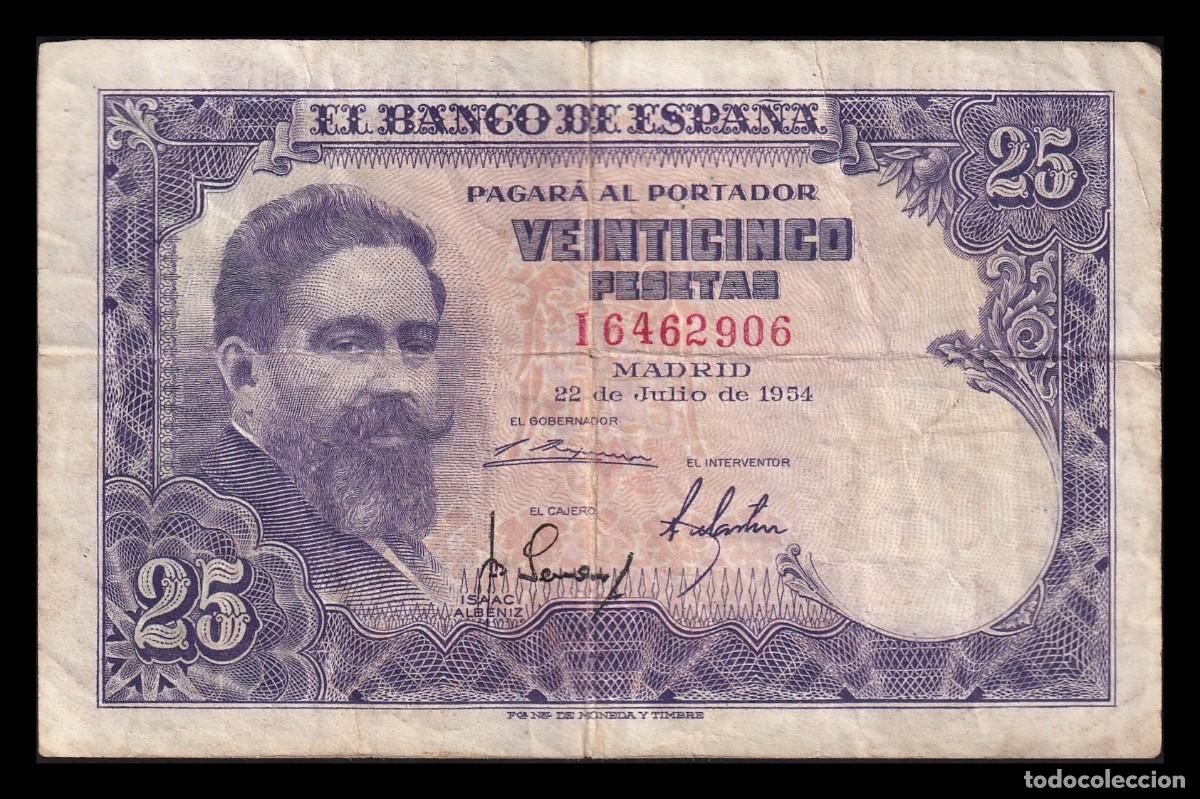 Billetes espa&ntilde;oles: Espa&ntilde;a 25 Pesetas Isaac Albeniz 1954 Pick 147 Serie I Mbc Vf