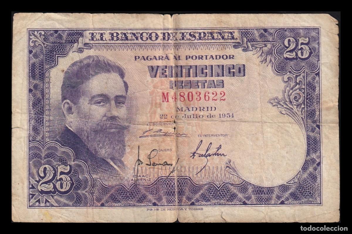 Billetes espa&ntilde;oles: Espa&ntilde;a 25 Pesetas Isaac Albeniz 1954 Pick 147 Serie M Mbc Vf