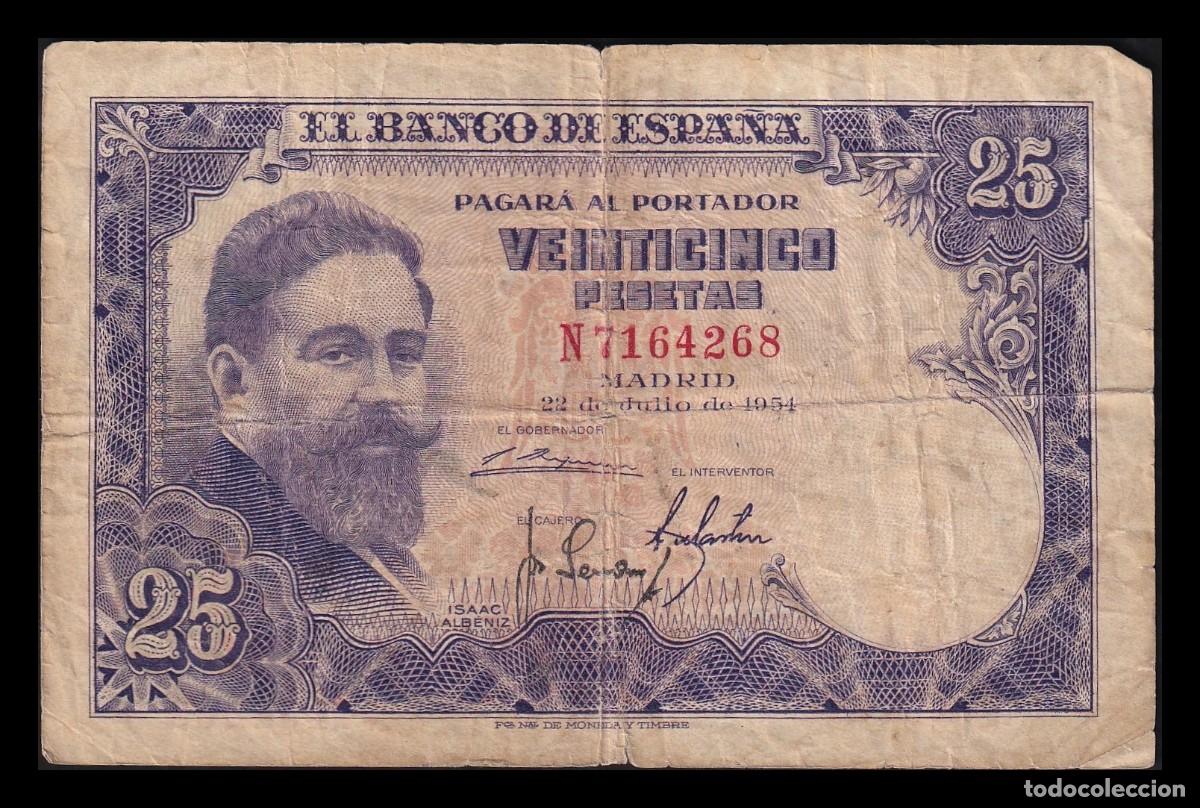 Billetes espa&ntilde;oles: Espa&ntilde;a 25 Pesetas Isaac Albeniz 1954 Pick 147 Serie N Mbc Vf