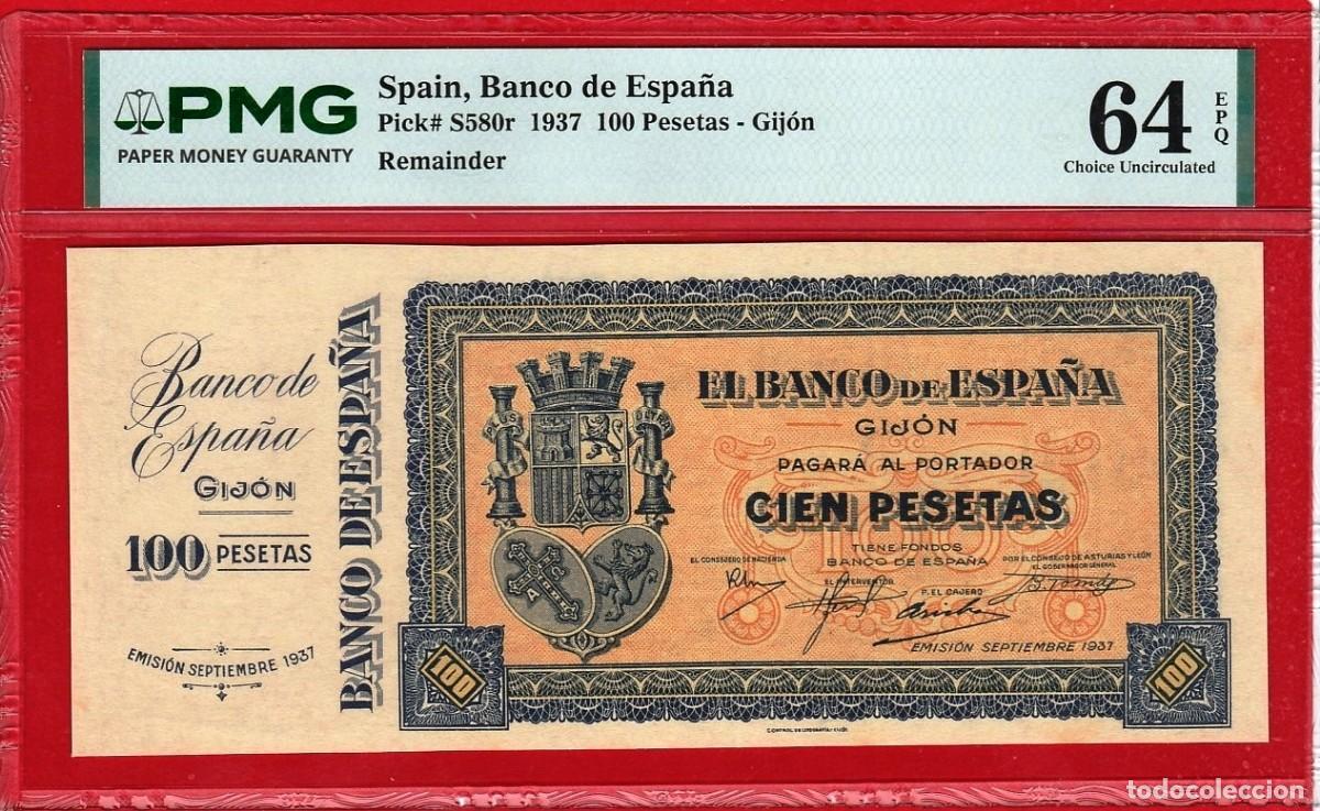 Billetes espa&ntilde;oles: Banco de Espa&ntilde;a, GIJON, 100 Pesetas,1937, Con matriz, PMG 64 EPQ