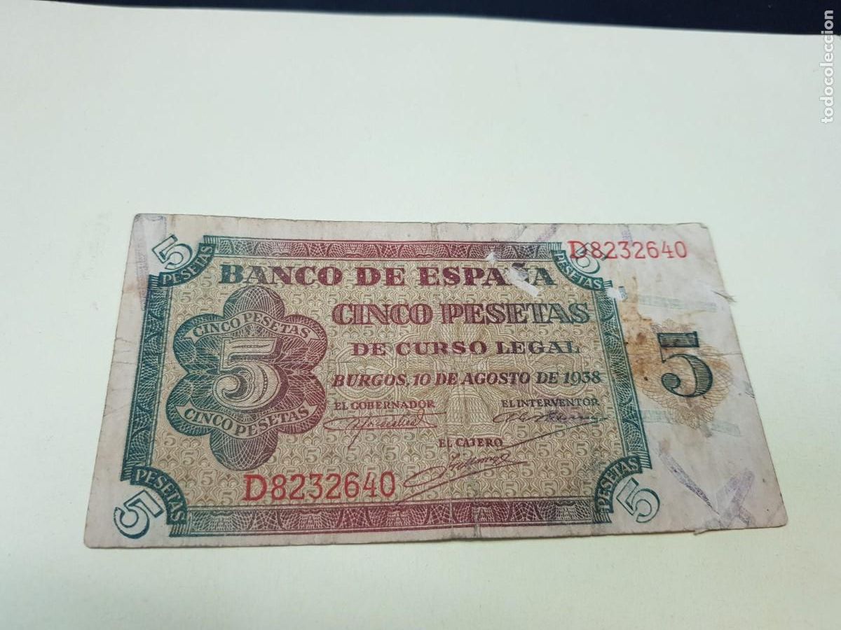Billetes espa&ntilde;oles: ESPA&Ntilde;A- 5 PESETAS-BURGOS,10 DE AGOSTO DE 1938