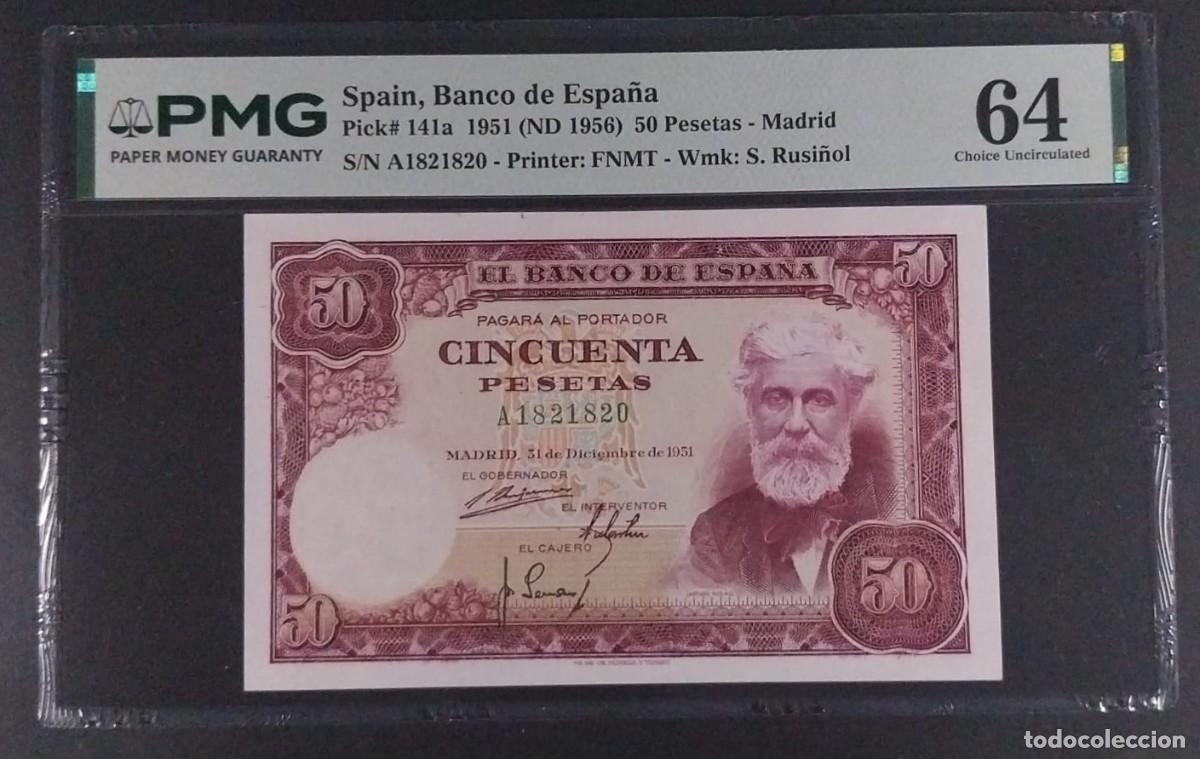 Billetes espa&ntilde;oles: 50 PESETAS 1951 RUSI&Ntilde;OL SERIE A PMG 64