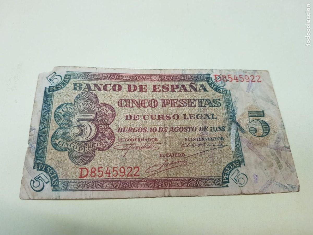 Billetes espa&ntilde;oles: ESPA&Ntilde;A- 5 PESETAS-BURGOS,10 DE AGOSTO DE 1938