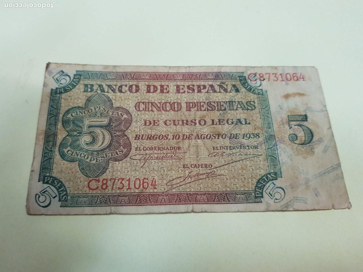 Billetes espa&ntilde;oles: ESPA&Ntilde;A- 5 PESETAS-BURGOS,10 DE AGOSTO DE 1938