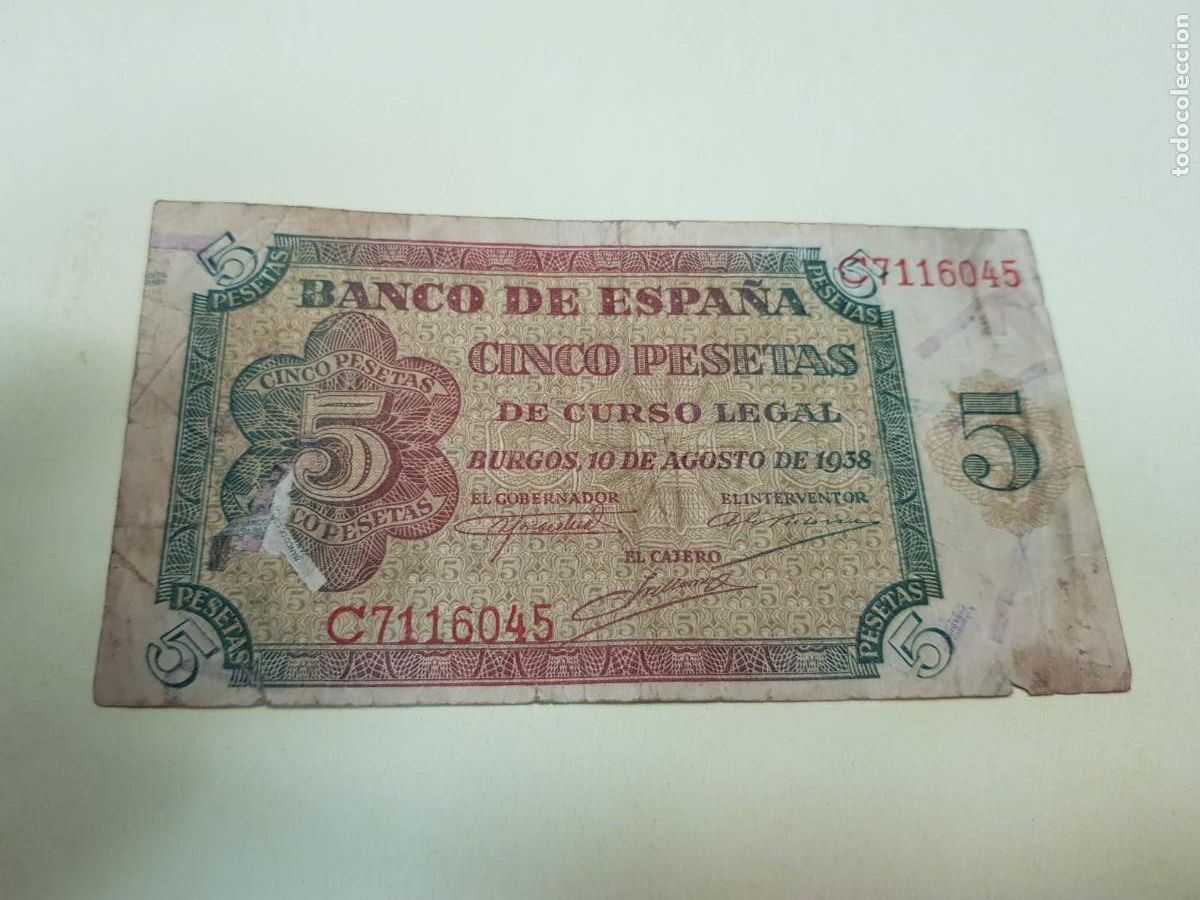 Billetes espa&ntilde;oles: ESPA&Ntilde;A- 5 PESETAS-BURGOS,10 DE AGOSTO DE 1938