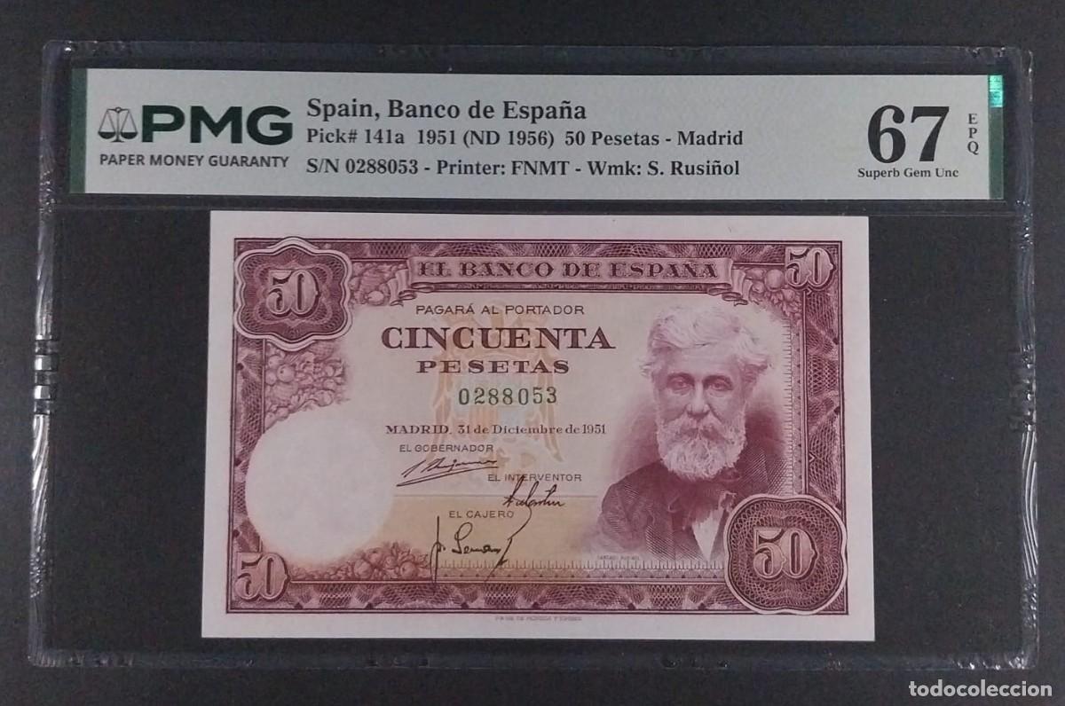 Billetes espa&ntilde;oles: 50 PESETAS 1951 RUSI&Ntilde;OL SIN SERIE PMG 67 EPQ SC