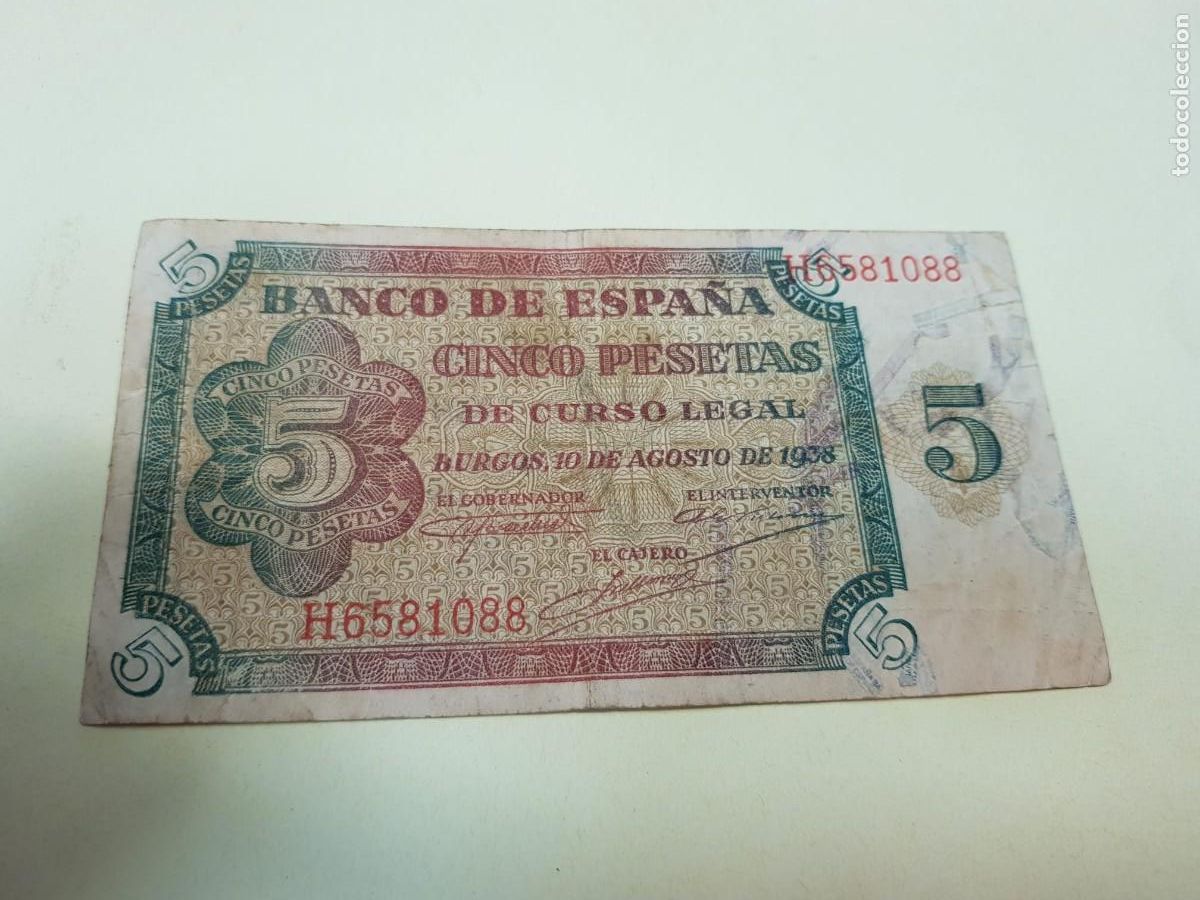 Billetes espa&ntilde;oles: ESPA&Ntilde;A- 5 PESETAS-BURGOS,10 DE AGOSTO DE 1938