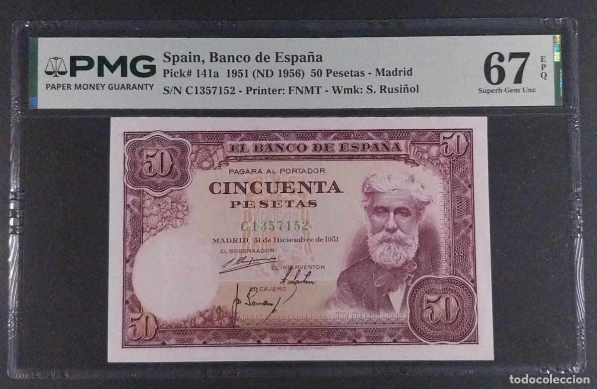 Billetes espa&ntilde;oles: 50 PESETAS 1951 RUSI&Ntilde;OL SERIE C PMG 67 EPQ SC