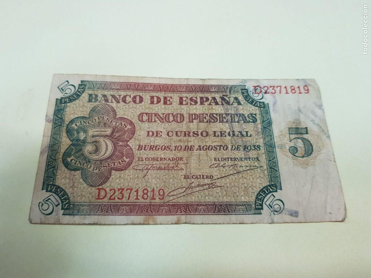 Billetes espa&ntilde;oles: ESPA&Ntilde;A- 5 PESETAS-BURGOS,10 DE AGOSTO DE 1938