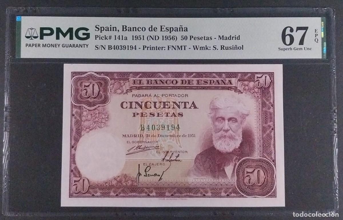 Billetes espa&ntilde;oles: 50 PESETAS 1951 RUSI&Ntilde;OL SERIE B PMG 67 EPQ SC