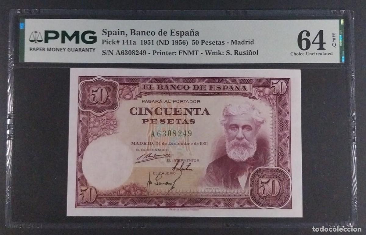 Billetes espa&ntilde;oles: 50 PESETAS 1951 RUSI&Ntilde;OL SERIE A PMG 64 EPQ