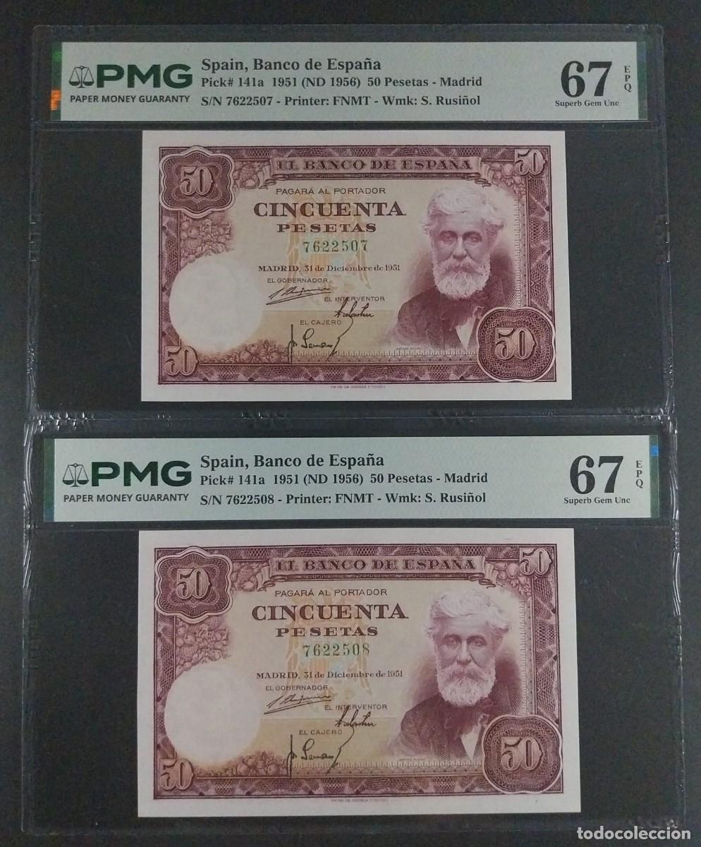 Billetes espa&ntilde;oles: 50 PESETAS DE 1951 RUSI&Ntilde;OL SIN SERIE PMG 67/67 EPQ PAREJA CORRELATIVA SC