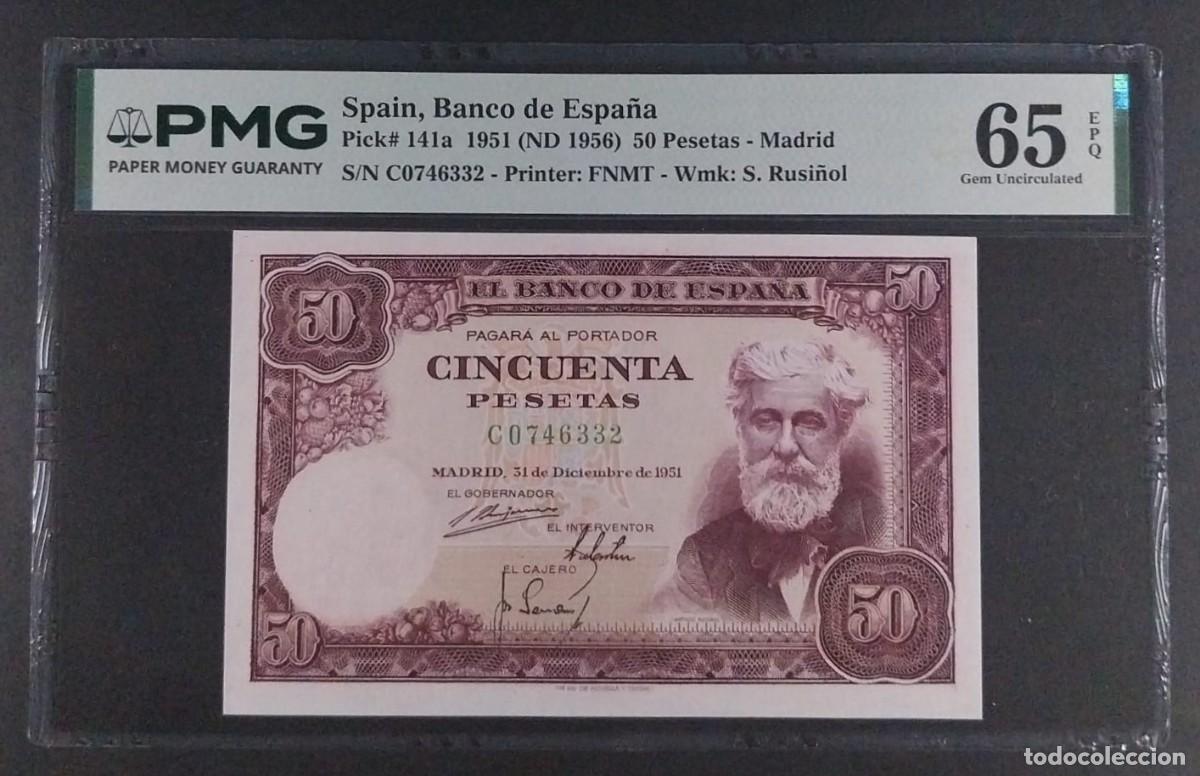 Billetes espa&ntilde;oles: 50 PESETAS 1951 RUSI&Ntilde;OL SERIE C &Uacute;LTIMA SERIE EMITIDA PMG 65 EPQ SC