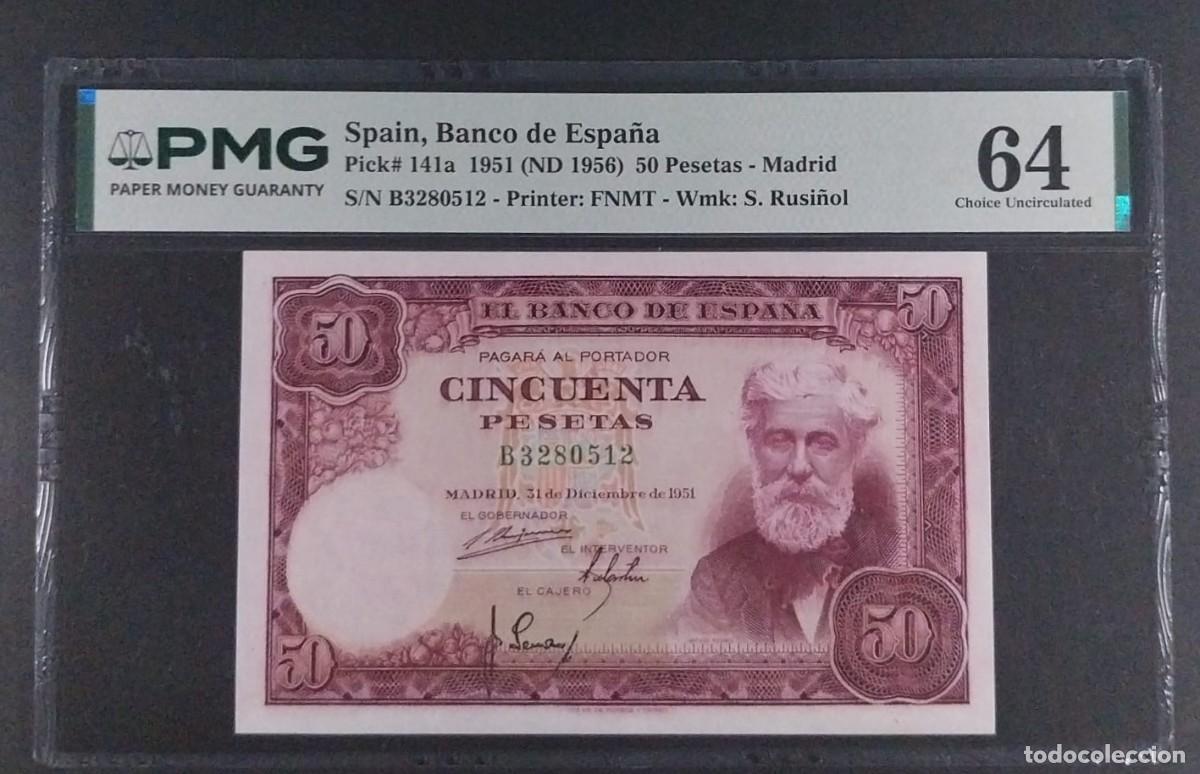 Billetes espa&ntilde;oles: 50 PESETAS DE 1951 RUSI&Ntilde;OL SERIE B PMG 64 SIN CIRCULAR