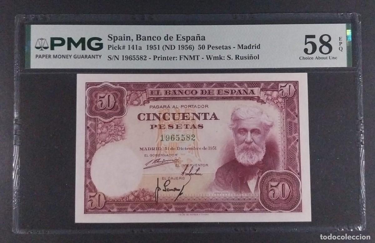 Billetes espa&ntilde;oles: 50 PESETAS DE 1951 RUSI&Ntilde;OL SIN SERIE PMG 58 EPQ SIN CIRCULAR