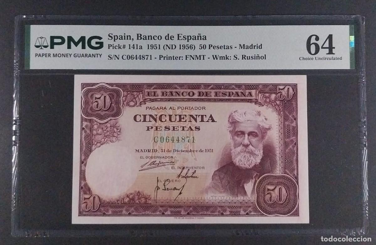 Billetes espa&ntilde;oles: 50 PESETAS 1951 RUSI&Ntilde;OL SERIE C &Uacute;LTIMA SERIE EMITIDA PMG 64 SC