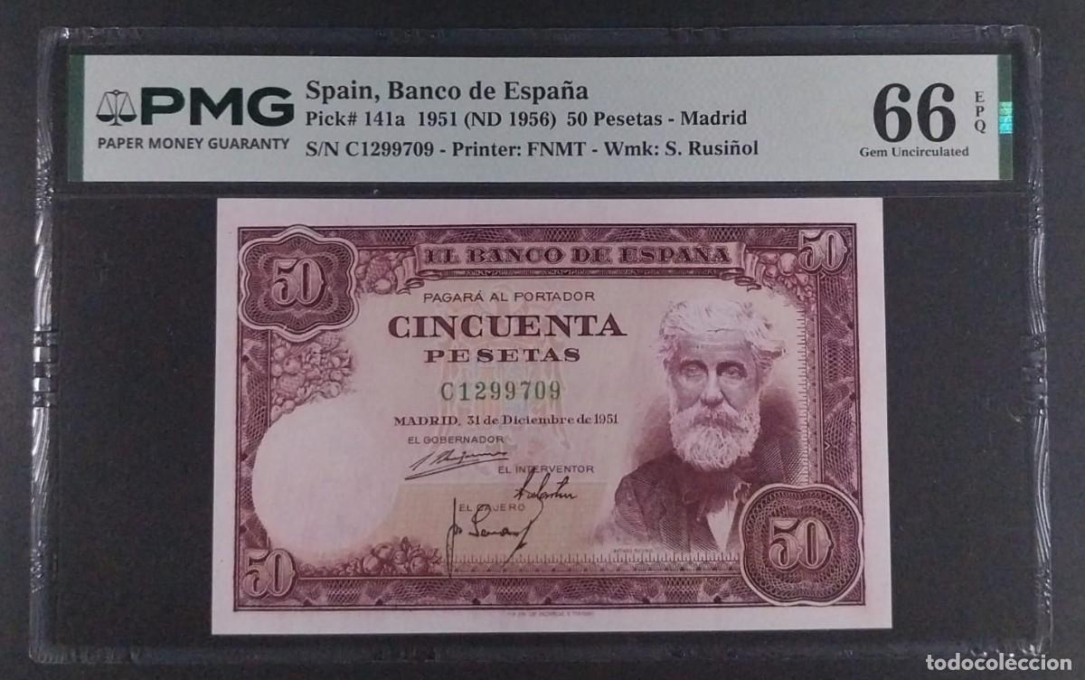 Billetes espa&ntilde;oles: 50 PESETAS 1951 RUSI&Ntilde;OL SERIE C &Uacute;LTIMA SERIE EMITIDA PMG 66 EPQ SC