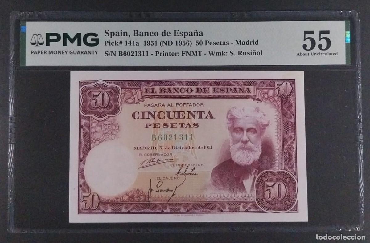 Billetes espa&ntilde;oles: 50 PESETAS DE 1951 RUSI&Ntilde;OL SERIE B PMG 55