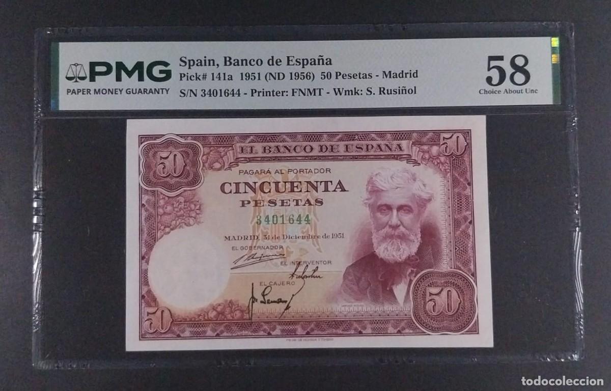 Billetes espa&ntilde;oles: BILLETE 50 PESETAS DE 1951 RUSI&Ntilde;OL SIN SERIE PMG 58