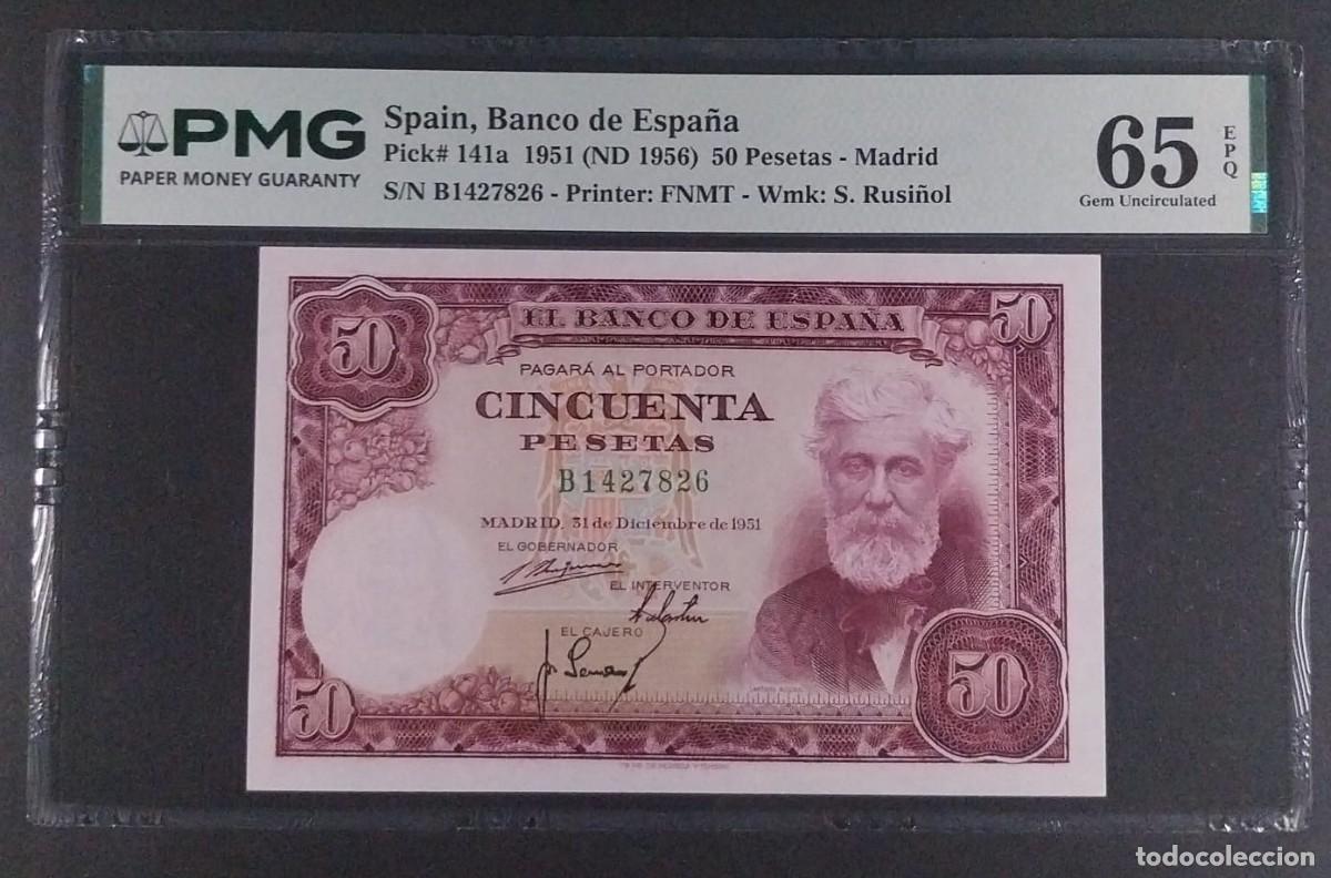 Billetes espa&ntilde;oles: 50 PESETAS DE 1951 RUSI&Ntilde;OL SERIE B PMG 65 EPQ SIN CIRCULAR