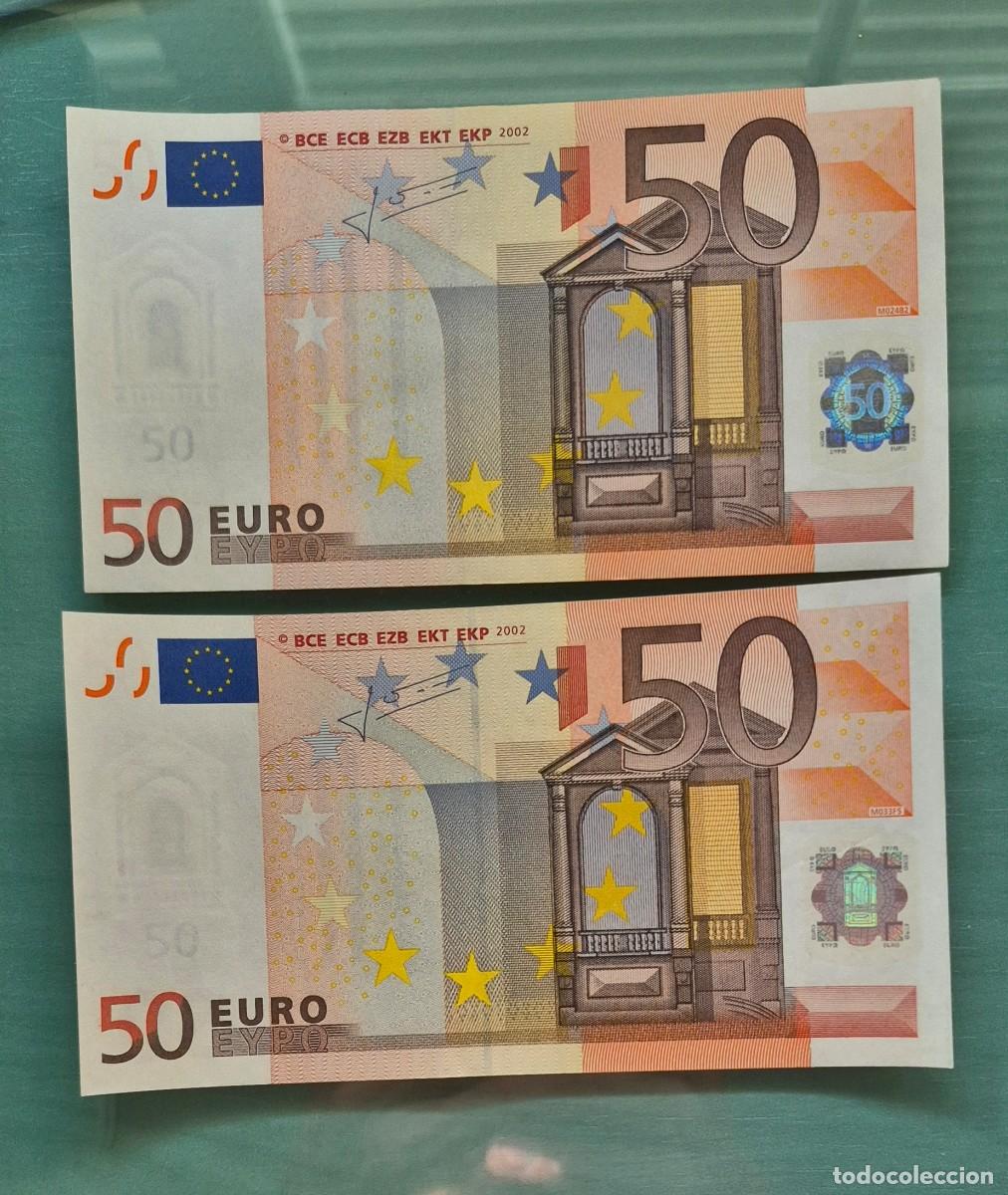 Billetes espa&ntilde;oles: 2 BILLETES DE 50 EUROS, SC , IMPECABLES.... TRICHET, V DE ESPA&Ntilde;A A&Ntilde;O 2002.