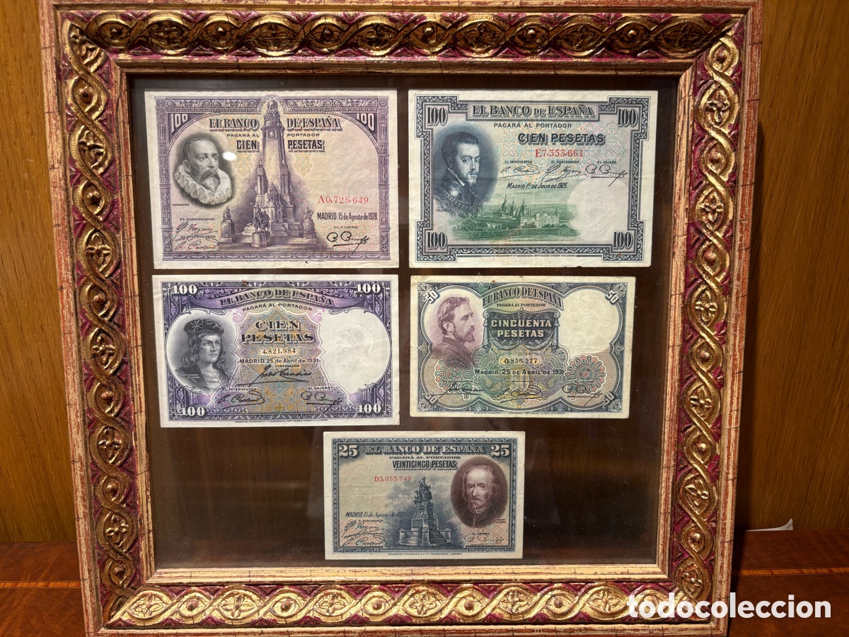 Billetes espa&ntilde;oles: Lote de 5 billetes antiguos Banco de Espa&ntilde;a (1925, 1928 y 1931) en marco de madera