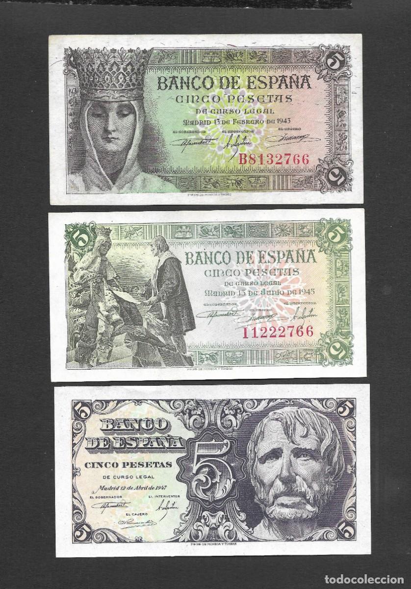 Billetes espa&ntilde;oles: TRES BILLETES 5 PESETAS 1943-1945-1947 S/C-