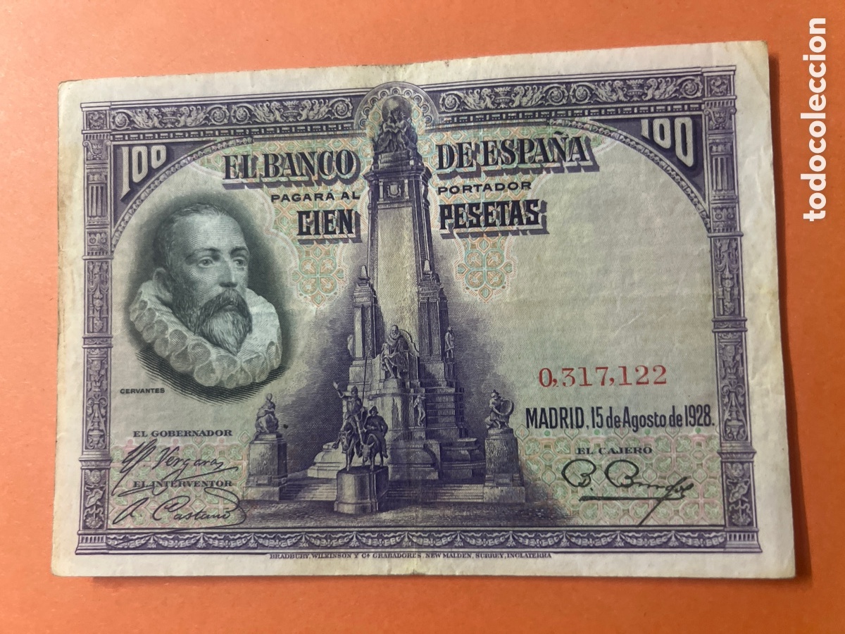 Billetes espa&ntilde;oles: 166B. BILLETE - Espa&ntilde;a 100 Pesetas Cervantes 1928