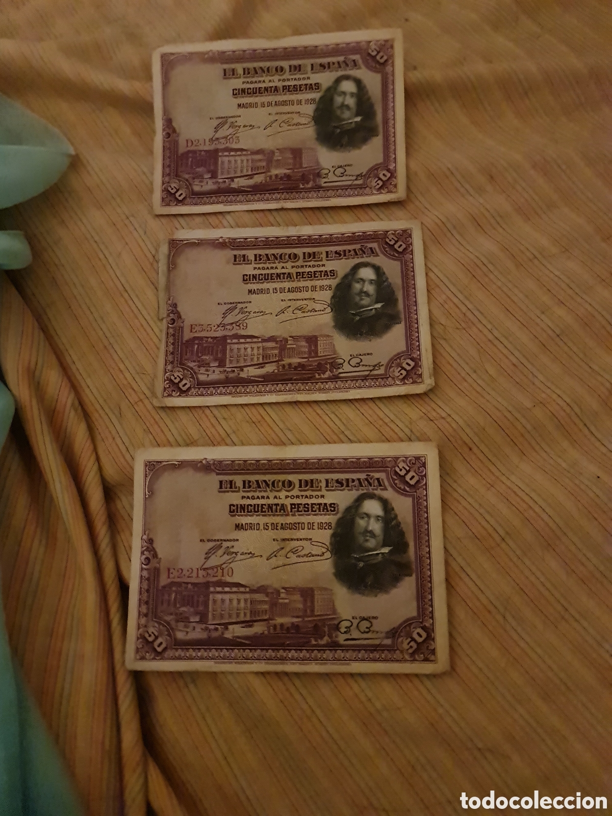 Billetes espa&ntilde;oles: 50 Pesetas 15 agosto 1928 - Vel&aacute;zquez (3 billetes)