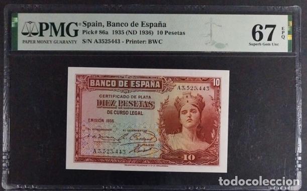 Billetes espa&ntilde;oles: 10 PESETAS DE 1935 SERIE A PMG 67 EPQ SIN CIRCULAR