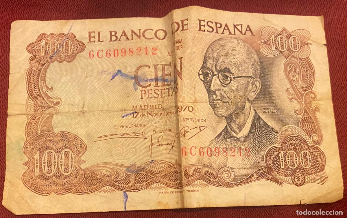 Billetes espa&ntilde;oles: Billete de 100 pesetas de Espa&ntilde;a. A&ntilde;o 1970. Con la imagen de Manuel de Falla. Estado aceptable.
