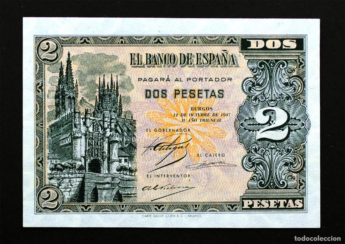 Billetes espa&ntilde;oles: SC-Spain. Guerra Civil. 2 Pesetas. 12 de Octubre 1937 Burgos EBC+/XF+ Serie A. Raro