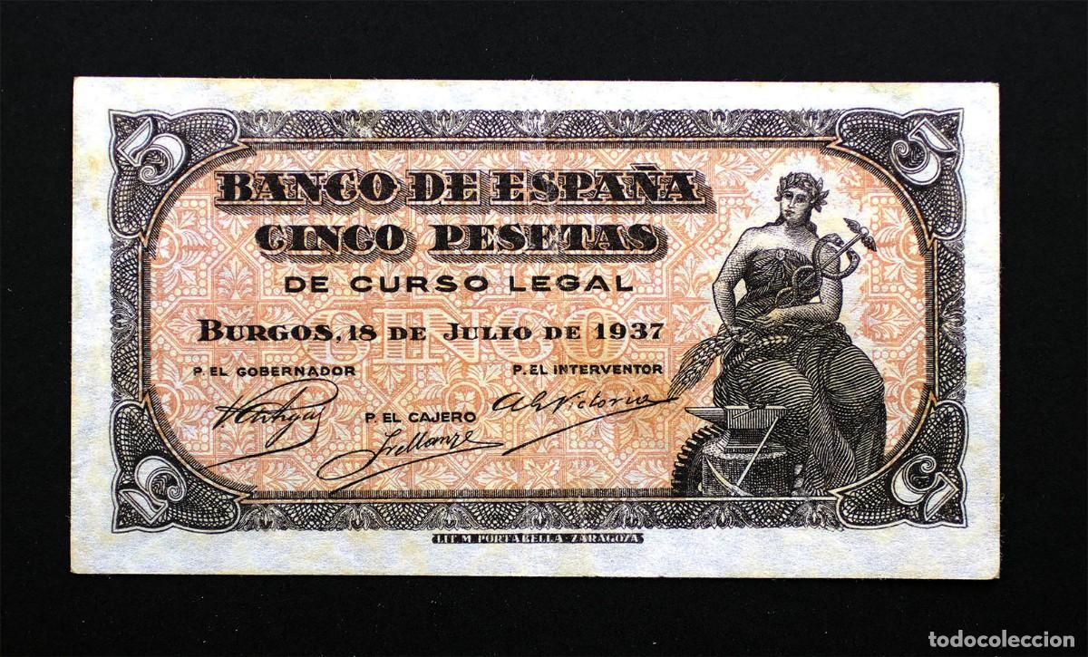 Billetes espa&ntilde;oles: SC-Spain- Guerra Civil. 5 Pesetas. Burgos. 1937. EBC-/XF- serie A . ESCASO