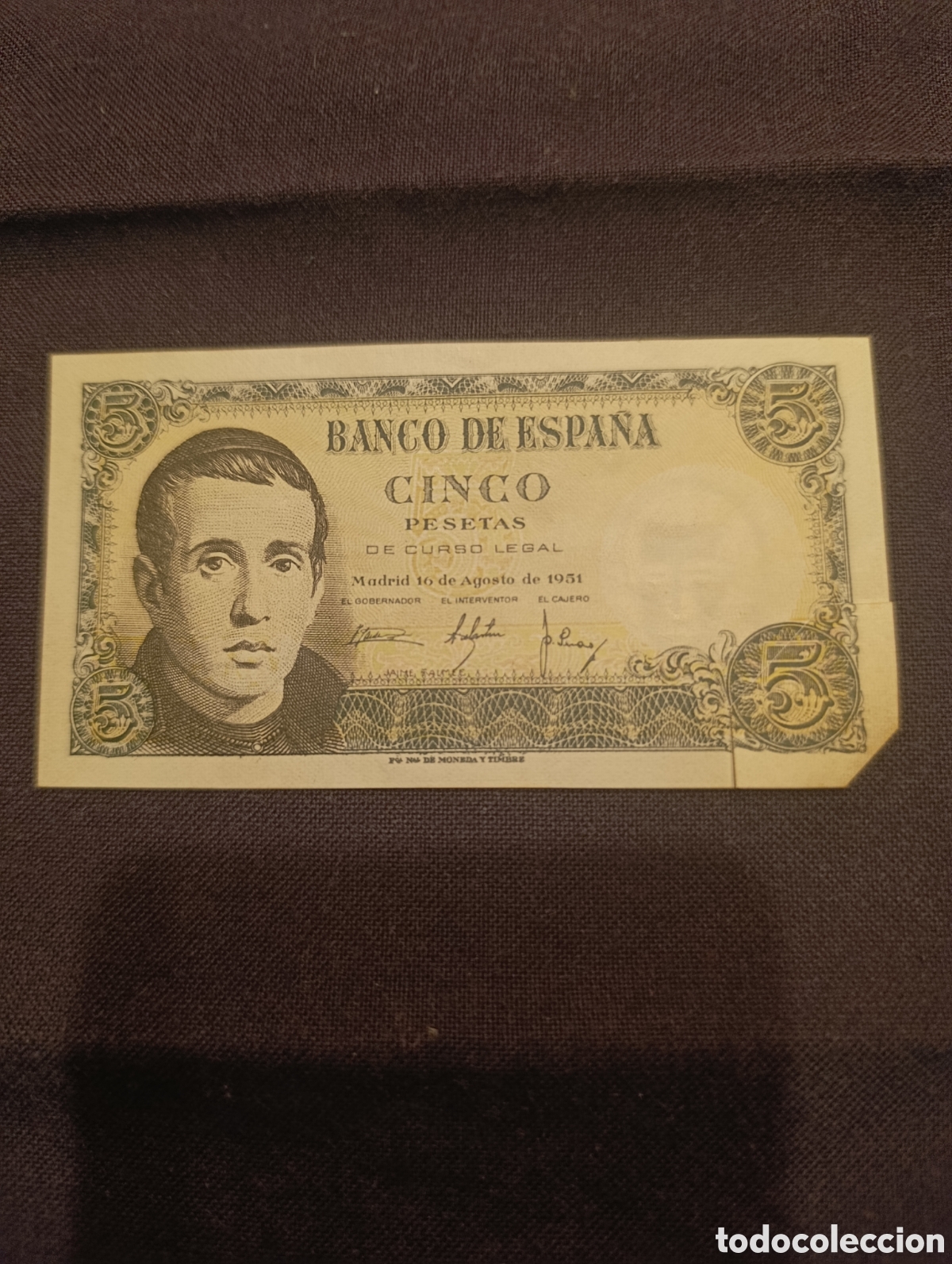 Notas espanholas: Billete 5 PTAs 1951 con mariposa