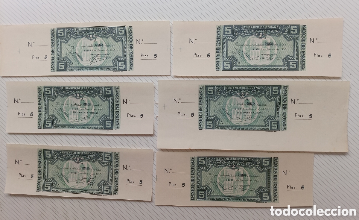 Billetes espa&ntilde;oles: 6 BILLETES BANCO DE BILBAO 1937 - 5 PESETAS CON MATRIZ SC