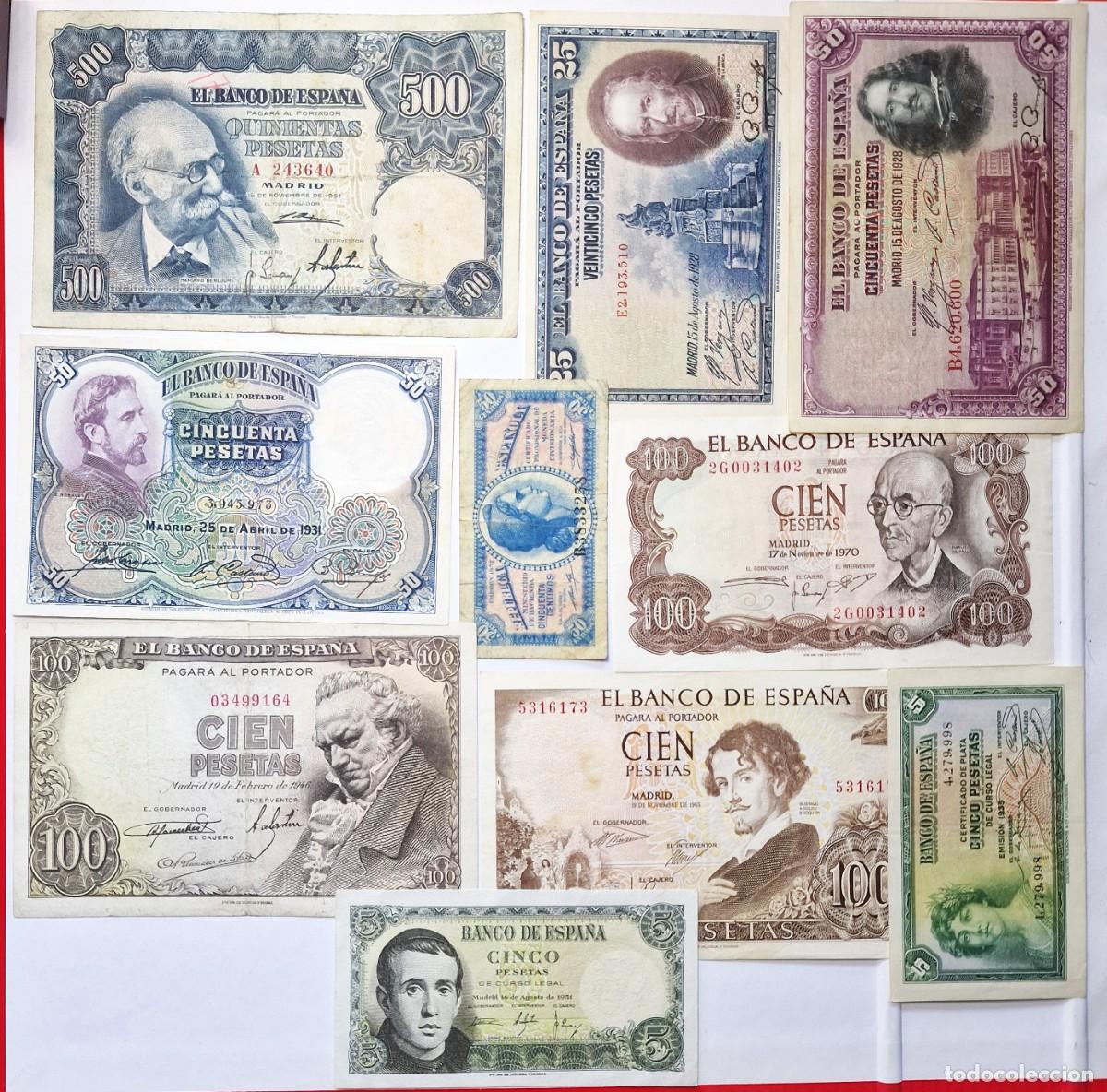 Billetes espa&ntilde;oles: LOTE 10 BILLETES ESPA&Ntilde;A DIVERSOS | SOLO ACEPTO PAYPAL| BILLETE 0'5 a 500 PESETAS 1928 a 1970 LEER DE