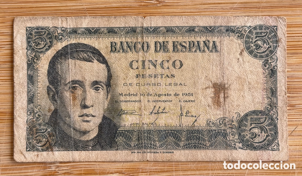 Billetes espa&ntilde;oles: Billete de 5 PESETA DE 1951- Serie 1L- JAIME BALMES